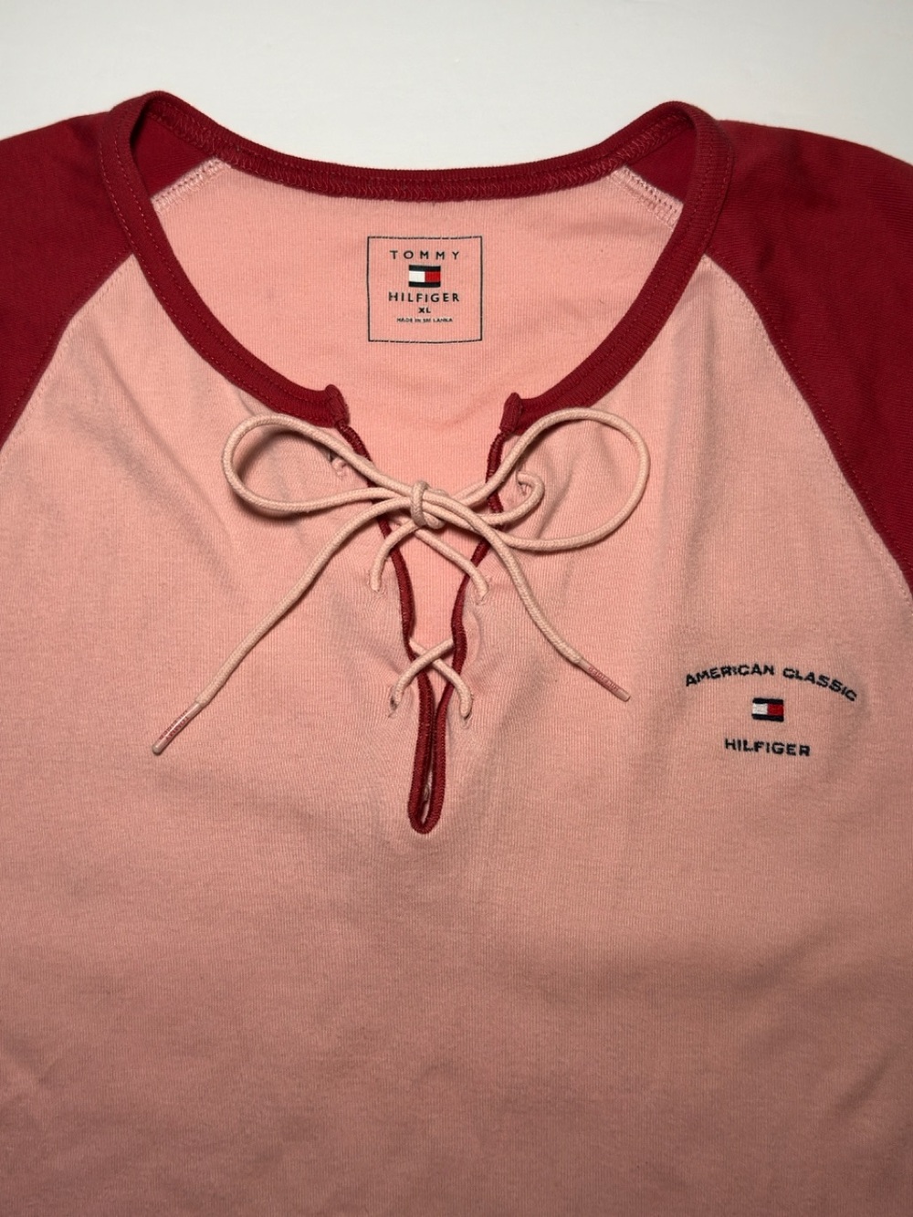 Tommy Hilfiger Pink Red Lace-Up Raglan T-Shirt Women’s XL
